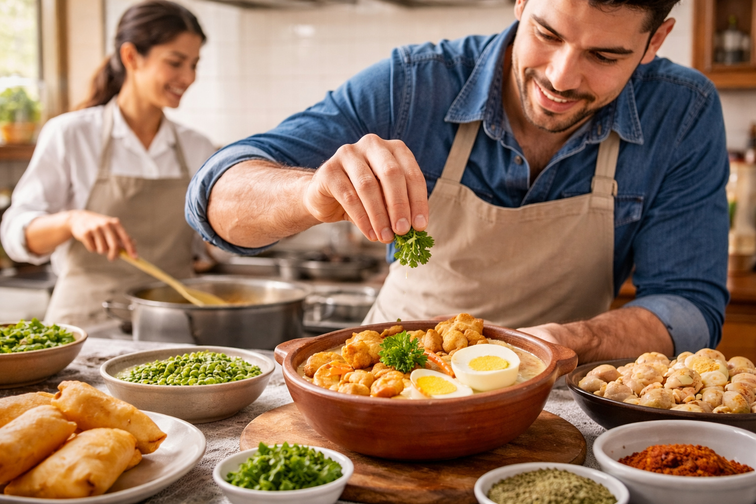 Preparación de fanesca ecuatoriana tradicional con acompañantes, añadiendo hierbas y decorando el plato.