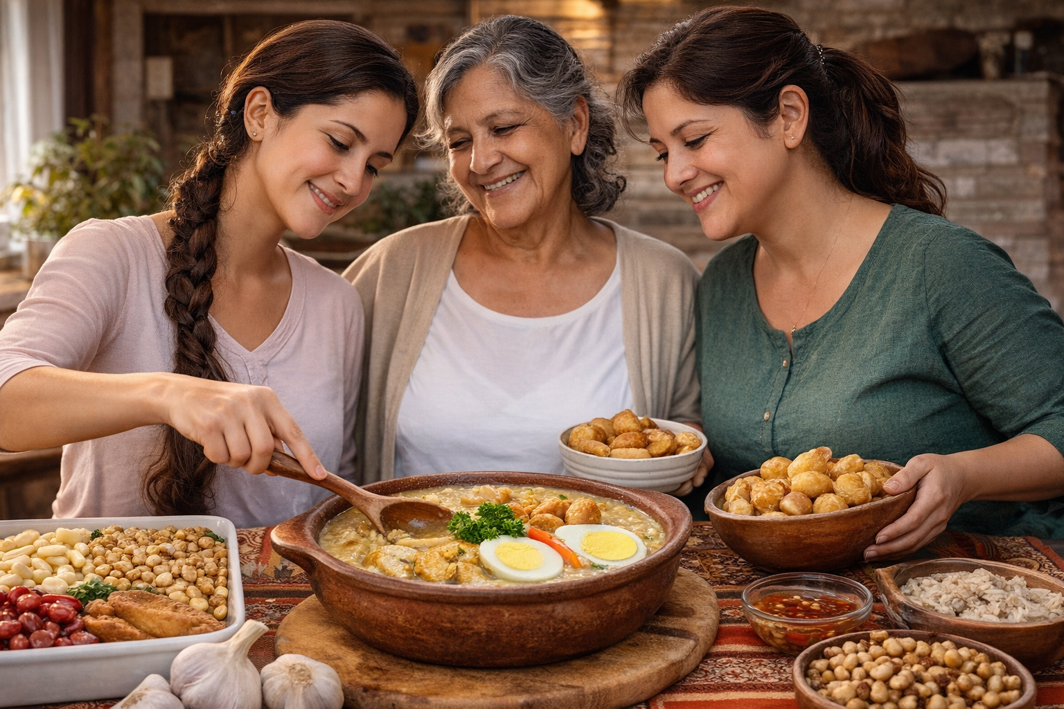 Fanesca ecuatoriana tradicional compartida en familia por tres generaciones, reflejo de una tradición que se mantiene viva.